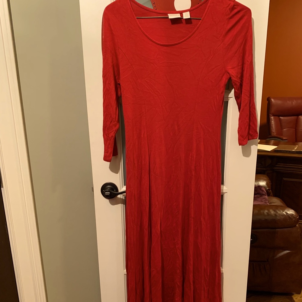 Chico’s Red long dress with 3/4 length sleeves.